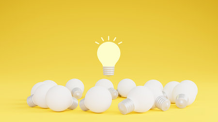 Light bulbs with glowing one different idea. Creativity and innovation ideas concept. Leadership, innovation, great idea and individuality concepts. 3d renderingの写真素材