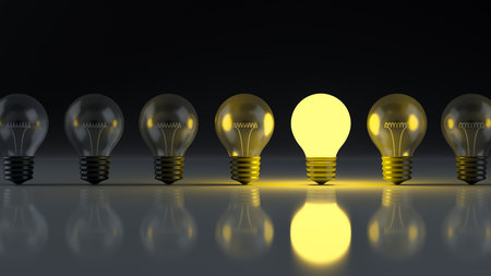 Light bulbs with glowing one different idea. Creativity and innovation ideas concept. Leadership, innovation, great idea and individuality concepts. 3d renderingの写真素材
