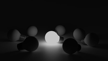 Light bulbs with glowing one different idea. Creativity and innovation ideas concept. Leadership, innovation, great idea and individuality concepts. 3d renderingの写真素材