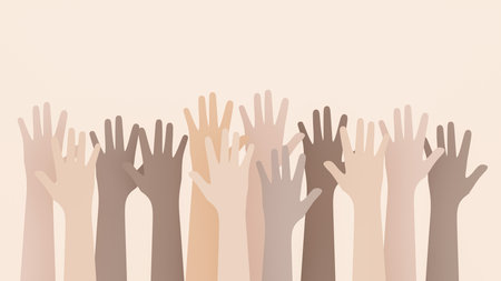 3D rendering of paper cut different skin tone raising hands in the air, Hands up. Concept of Social diversity for global equality and peace with colorful people hands.の写真素材