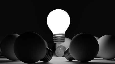 Light bulbs with glowing one different idea. Creativity and innovation ideas concept. Leadership, innovation, great idea and individuality concepts. 3d renderingの写真素材