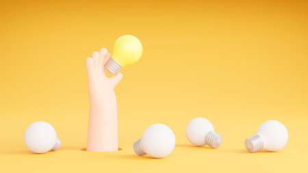 3D Cartoon hand holding lightbulb isolated on background. Thinking, good idea and business success creative concept. 3d render illustrationの写真素材