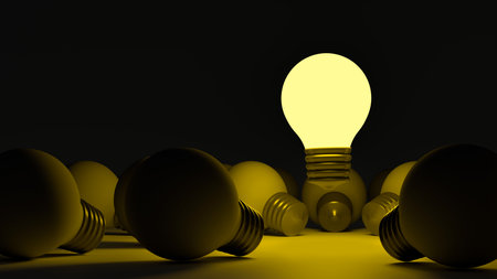 Light bulbs with glowing one different idea. Creativity and innovation ideas concept. Leadership, innovation, great idea and individuality concepts. 3d renderingの写真素材