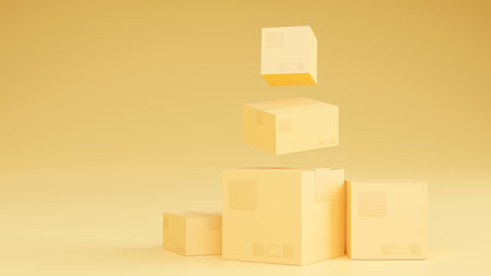 3D render of pile of stacked realistic cardboard brown delivery boxes mockup on brown background. delivery cargo box with fragile care sign symbol, handling with care. Parcel packaging template.の写真素材
