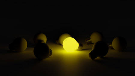 Light bulbs with glowing one different idea. Creativity and innovation ideas concept. Leadership, innovation, great idea and individuality concepts. 3d renderingの写真素材