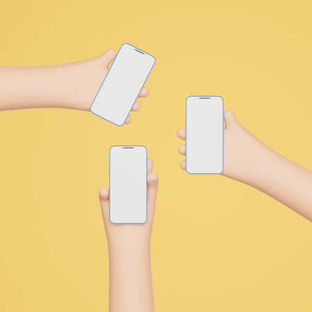 3D Cartoon hand holding smartphone isolated on background, Phone screen for template replacement, Hand using mobile phone mockup. Collection of Cartoon hand holding smartphone. 3d render illustrationの写真素材