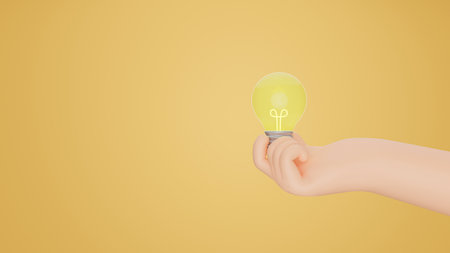 3D Cartoon hand holding lightbulb isolated on background. Thinking, good idea and business success creative concept. 3d render illustrationの写真素材