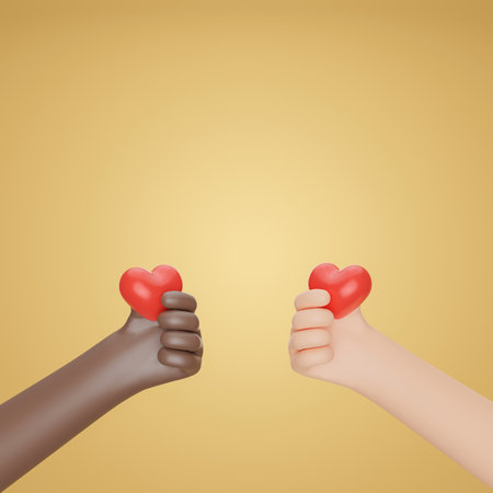 3D Two hands with different skin tones holding red heart. give love warmth, take care, health care, self love, world heart day. Social diversity concept. 3d renderingの写真素材