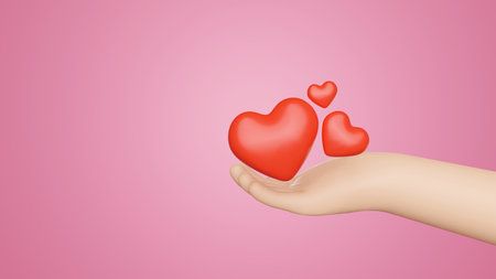3D Rendering of cartoon hand and heart icons on flying around over palm with empty space for the text. giving love to people, Valentines Day concept.の写真素材