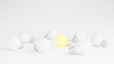 Light bulbs with glowing one different idea. Creativity and innovation ideas concept. Leadership, innovation, great idea and individuality concepts. 3d renderingの写真素材