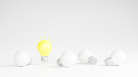 Light bulbs with glowing one different idea. Creativity and innovation ideas concept. Leadership, innovation, great idea and individuality concepts. 3d renderingの写真素材