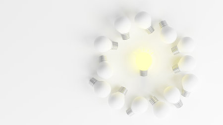 Light bulbs with glowing one different idea. Creativity and innovation ideas concept. Leadership, innovation, great idea and individuality concepts. 3d renderingの写真素材