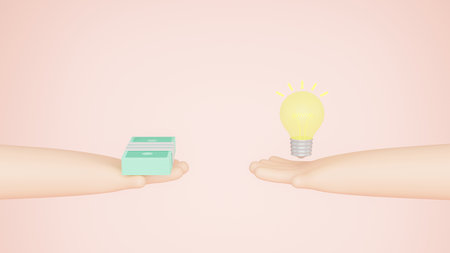 Idea trading for money concept. Closeup one hand holding a light bulb while the other hand offers money dollar bills, Sell an idea. Business idea. Money vs ideas poster. 3d render illustrationの写真素材