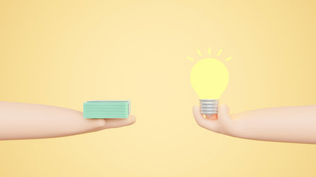 Idea trading for money concept. Closeup one hand holding a light bulb while the other hand offers money dollar bills, Sell an idea. Business idea. Money vs ideas poster. 3d render illustrationの写真素材