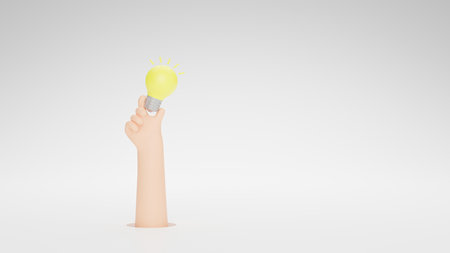 3D Cartoon hand holding lightbulb isolated on white background. Thinking, good idea and business success creative concept. 3d render illustrationの写真素材