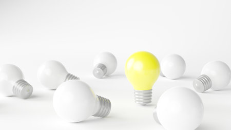 Light bulbs with glowing one different idea. Creativity and innovation ideas concept. Leadership, innovation, great idea and individuality concepts. 3d renderingの写真素材