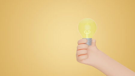 3D Cartoon hand holding lightbulb isolated on background. Thinking, good idea and business success creative concept. 3d render illustrationの写真素材