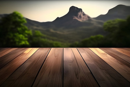 Wooden floor against scenic view of mountains in the distance. Collage.の素材