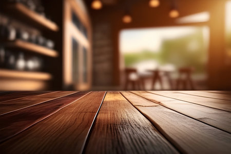 Empty wooden table and Coffee shop blur background with bokeh image.の素材