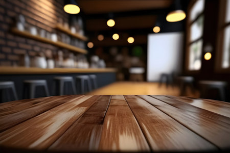 Empty wood table and Coffee shop blur background with bokeh image.の素材