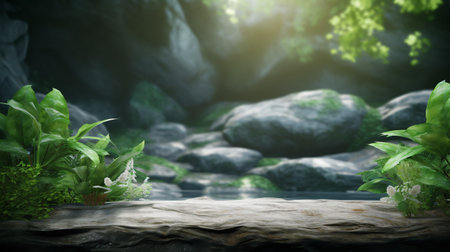 3d render of wooden table with green plant and rock background.の素材