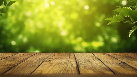 Wooden table in front of green bokeh nature background.の素材