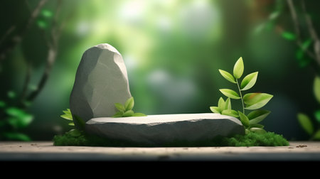 stone podium on the background of tropical plantsの素材