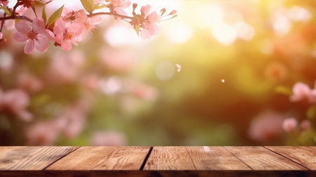 Wooden table in front of blurred cherry blossoms background. Spring conceptの素材