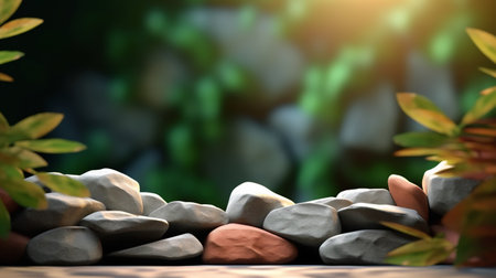 stone podium on the background of tropical plantsの素材