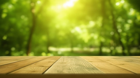 Wooden table top on blur green forest bokeh background.の素材