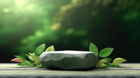 Stone podium with green leaves on wooden table against blurred background,の素材