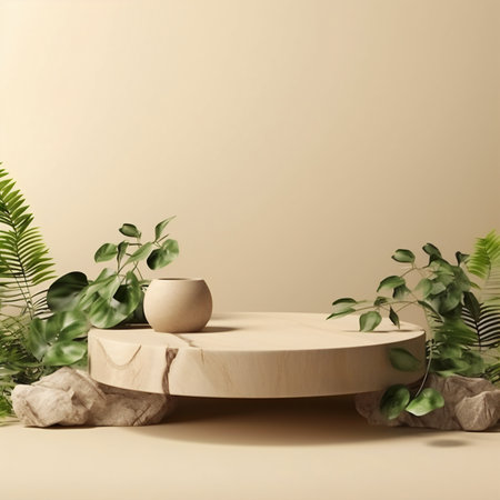 rganic Beige Cosmetic Presentation Wooden Podium with Green Foliage and Natural Stones Front Viewの素材