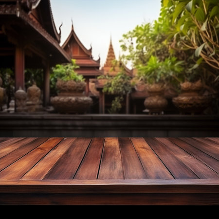 Empty wooden table and blurred background. Perspective brown wood table over blur background.の素材