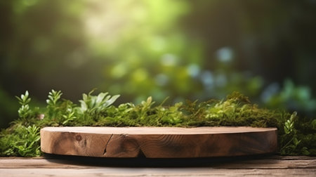 Wooden table with green moss in forest. Mockup for product displayの素材