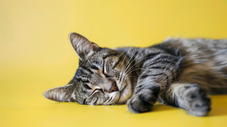 Cute tabby cat sleeping on yellow background, closeup.の素材