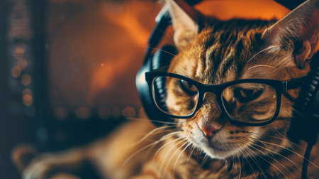 Cute cat wearing glasses and listening to music with headphones at homeの素材