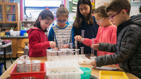 Group of kids making science experiments in a chemistry class at elementary schoolの素材