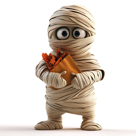 Cartoon mummy with book on white background. 3D illustration.の素材