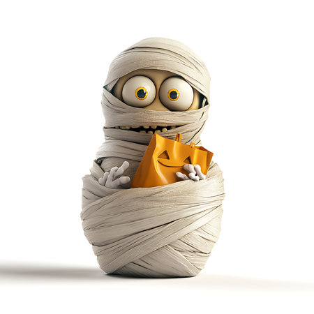 Cartoon mummy with shopping bag on white background. 3D illustration.の素材