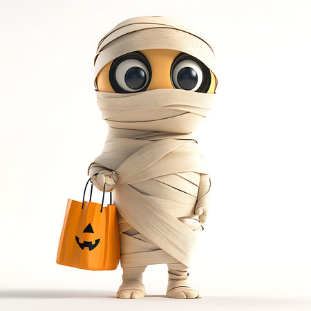 3d render of mummy with shopping bag isolated on white background.の素材