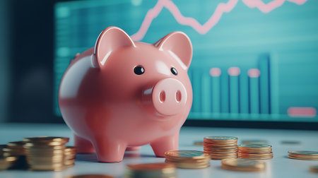 Piggy bank and coins on table with stock market graph background. 3D Renderingの素材
