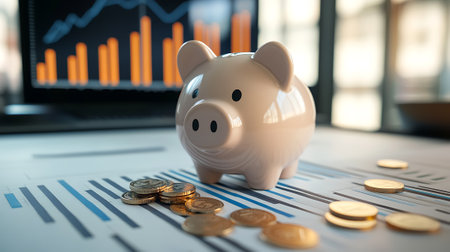 Piggy bank with coins on the background of financial charts.の素材