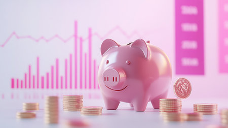 Pink piggy bank with coin stack on white background. 3D renderingの素材