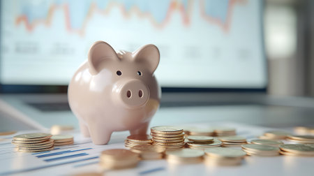 Piggy bank and coins on the table with laptop computer.の素材