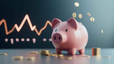 Piggy bank and coins with financial graph. 3d renderingの素材