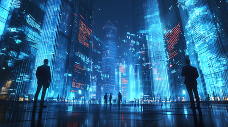 Business people silhouettes against night cityscape with skyscrapers and neon lightsの素材