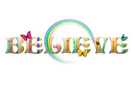 Colorful Believe Text with Butterflies, Ladybugs, and Rainbowのイラスト素材