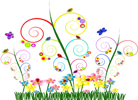 Colorful Whimsical Garden with Swirl Vines Colorful Circles Flowers Birds Butterflies and Ladybugsのイラスト素材