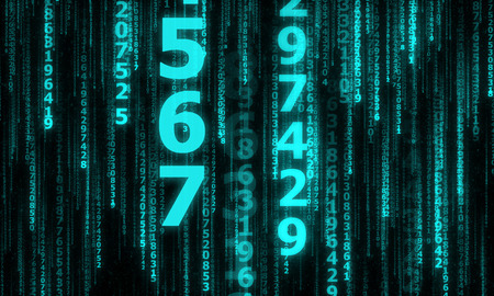 the cyberspace with many sparkling falling lines numbers, abstract background with blue digital linesの写真素材