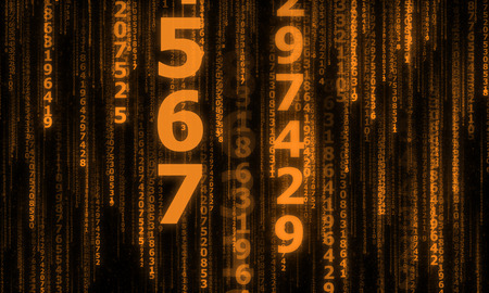 the cyberspace with many sparkling falling lines numbers, abstract background with orange digital linesの写真素材